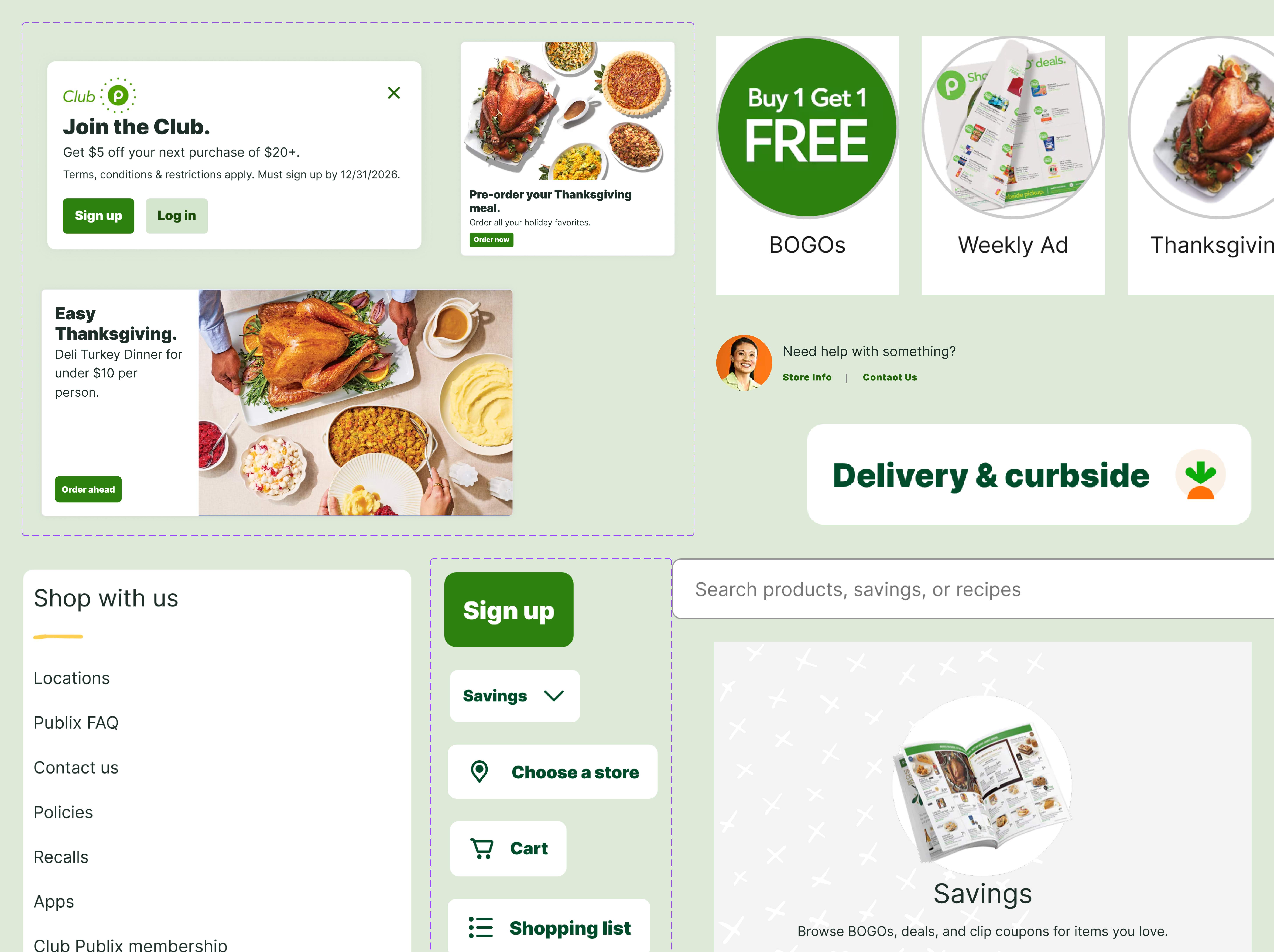Grocery chain design system showcasing membership modals, promotional cards, BOGO offers, weekly ads, and navigation components