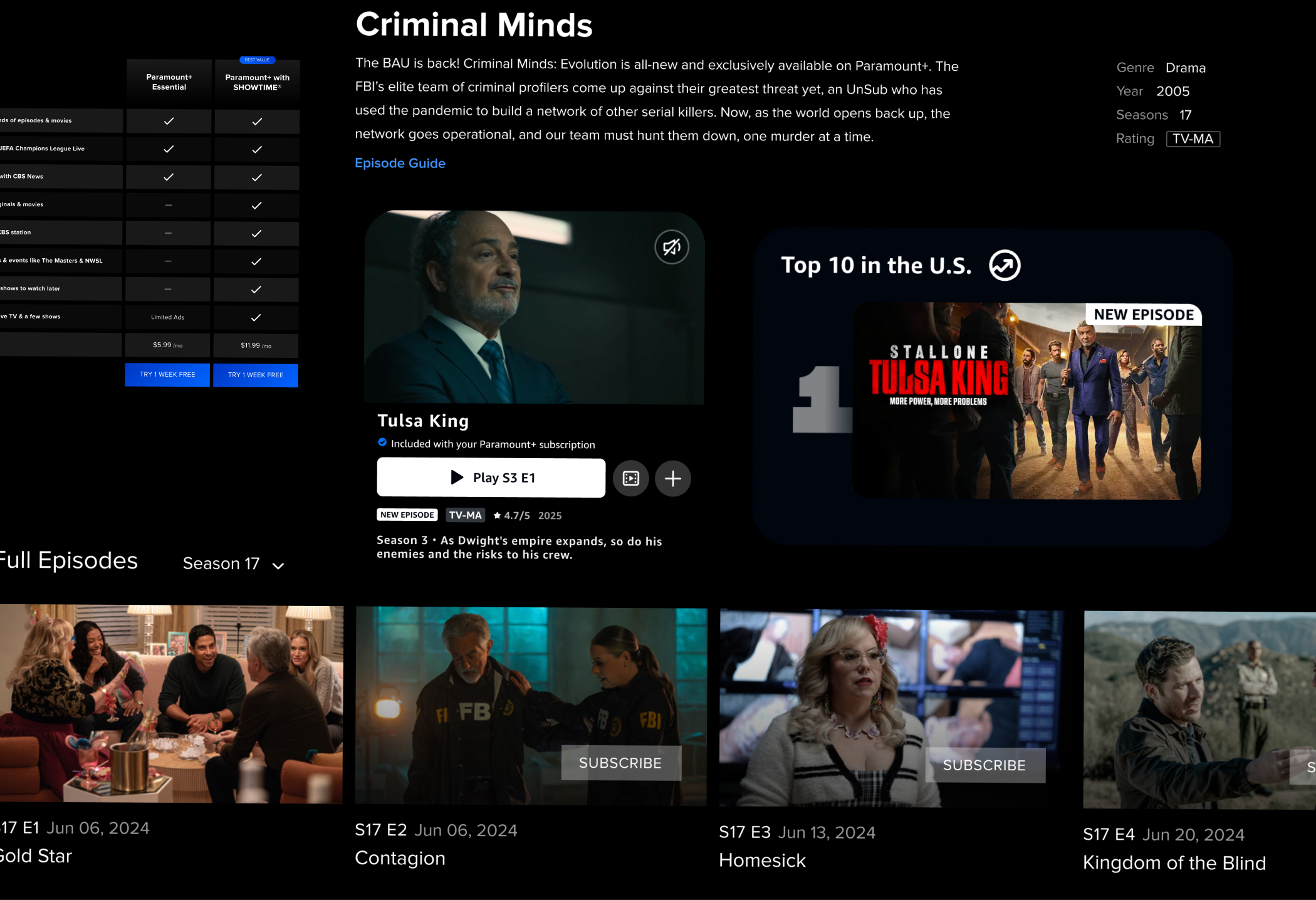 Paramount+ Criminal Minds interface